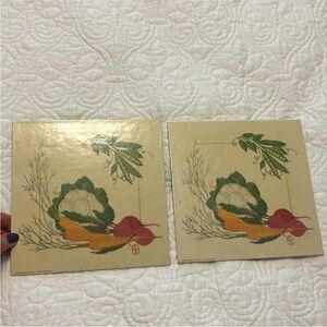 Vintage Wall art trivets 1977 Donald Art Co Litho USA vegetables kitchen TWO